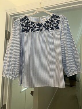crown & ivy Blue and White Striped Embroidered Yoke Top